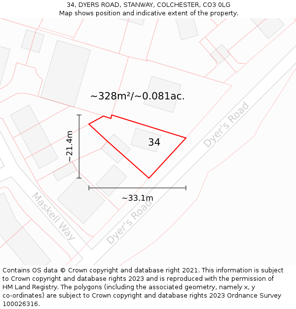 34, DYERS ROAD, STANWAY, COLCHESTER, CO3 0LG: Plot and title map