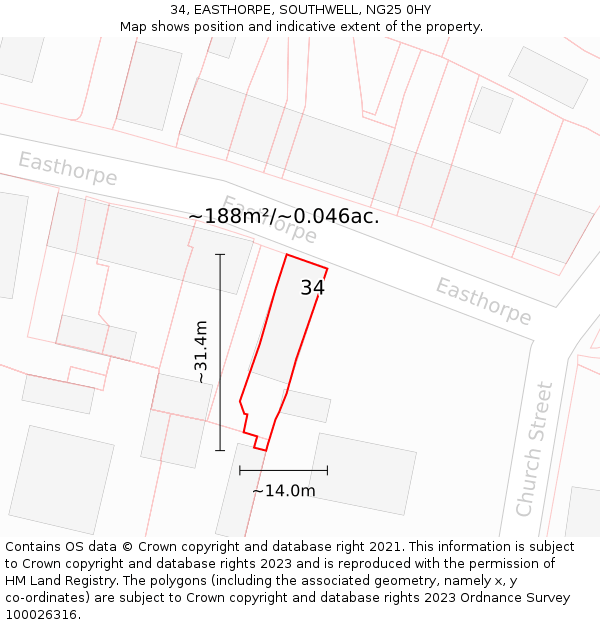 34, EASTHORPE, SOUTHWELL, NG25 0HY: Plot and title map