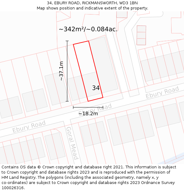 34, EBURY ROAD, RICKMANSWORTH, WD3 1BN: Plot and title map