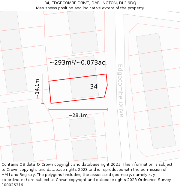 34, EDGECOMBE DRIVE, DARLINGTON, DL3 9DQ: Plot and title map