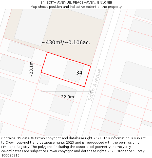 34, EDITH AVENUE, PEACEHAVEN, BN10 8JB: Plot and title map