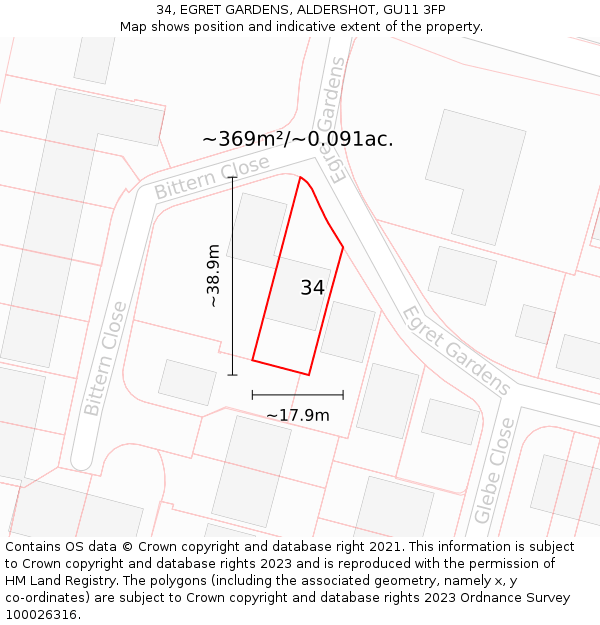 34, EGRET GARDENS, ALDERSHOT, GU11 3FP: Plot and title map