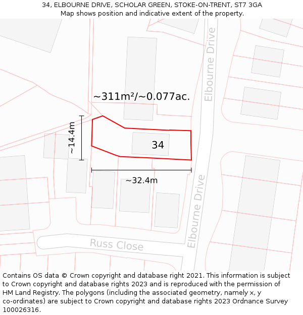 34, ELBOURNE DRIVE, SCHOLAR GREEN, STOKE-ON-TRENT, ST7 3GA: Plot and title map