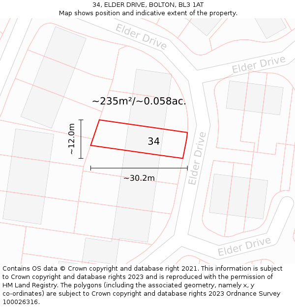 34, ELDER DRIVE, BOLTON, BL3 1AT: Plot and title map