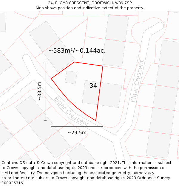 34, ELGAR CRESCENT, DROITWICH, WR9 7SP: Plot and title map