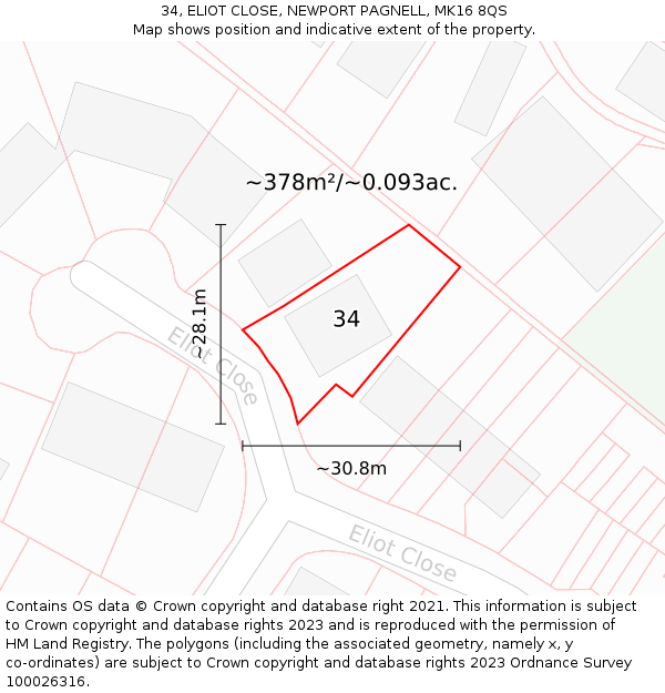 34, ELIOT CLOSE, NEWPORT PAGNELL, MK16 8QS: Plot and title map