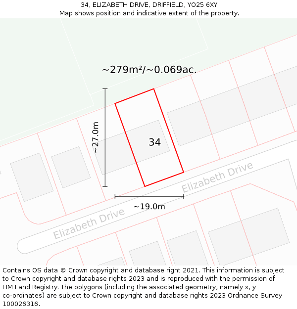 34, ELIZABETH DRIVE, DRIFFIELD, YO25 6XY: Plot and title map