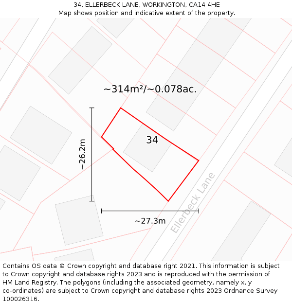 34, ELLERBECK LANE, WORKINGTON, CA14 4HE: Plot and title map