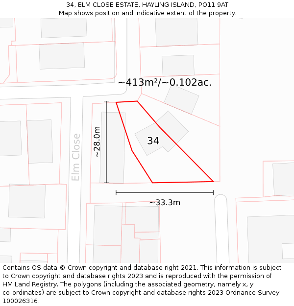 34, ELM CLOSE ESTATE, HAYLING ISLAND, PO11 9AT: Plot and title map