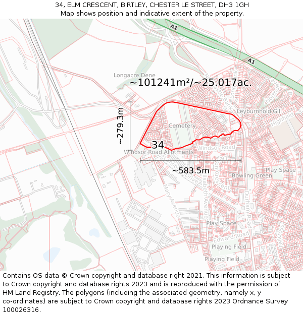 34, ELM CRESCENT, BIRTLEY, CHESTER LE STREET, DH3 1GH: Plot and title map