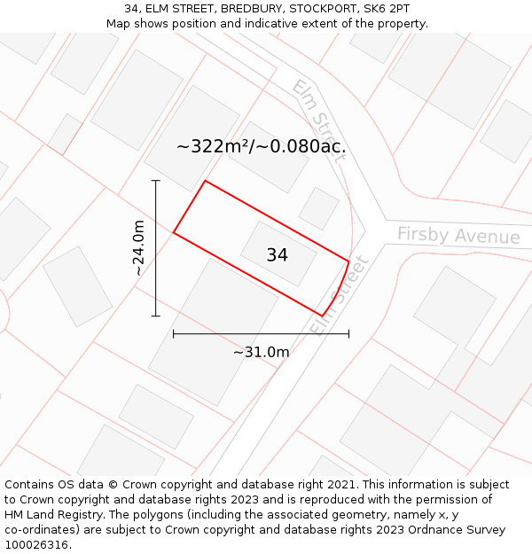 34, ELM STREET, BREDBURY, STOCKPORT, SK6 2PT: Plot and title map