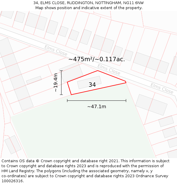 34, ELMS CLOSE, RUDDINGTON, NOTTINGHAM, NG11 6NW: Plot and title map