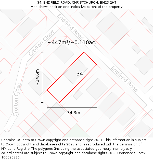 34, ENDFIELD ROAD, CHRISTCHURCH, BH23 2HT: Plot and title map