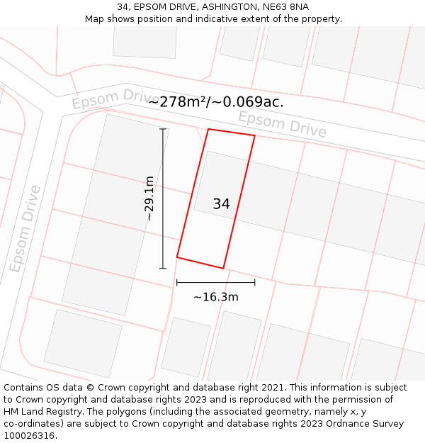 34, EPSOM DRIVE, ASHINGTON, NE63 8NA: Plot and title map