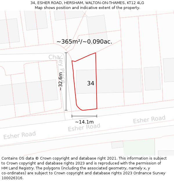 34, ESHER ROAD, HERSHAM, WALTON-ON-THAMES, KT12 4LG: Plot and title map