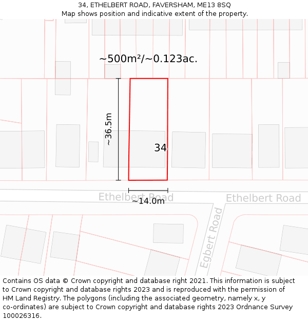 34, ETHELBERT ROAD, FAVERSHAM, ME13 8SQ: Plot and title map