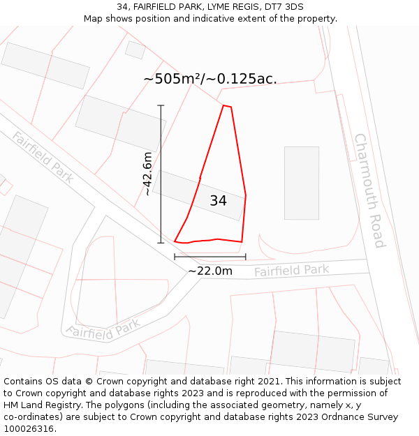 34, FAIRFIELD PARK, LYME REGIS, DT7 3DS: Plot and title map