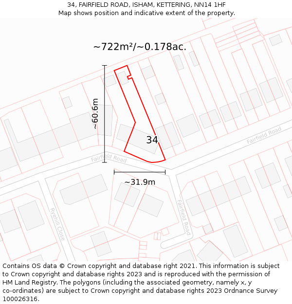 34, FAIRFIELD ROAD, ISHAM, KETTERING, NN14 1HF: Plot and title map