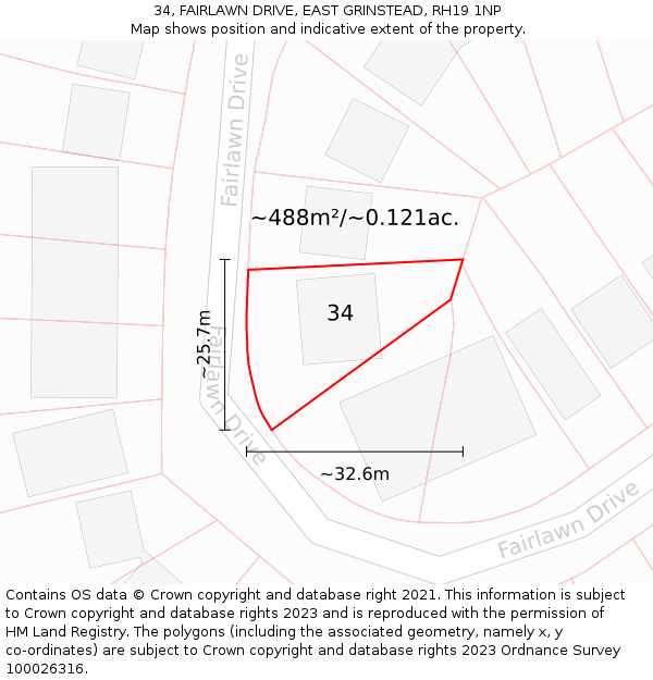 34, FAIRLAWN DRIVE, EAST GRINSTEAD, RH19 1NP: Plot and title map