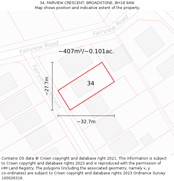 34, FAIRVIEW CRESCENT, BROADSTONE, BH18 9AW: Plot and title map