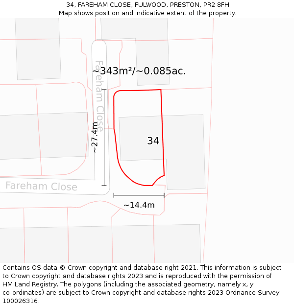 34, FAREHAM CLOSE, FULWOOD, PRESTON, PR2 8FH: Plot and title map