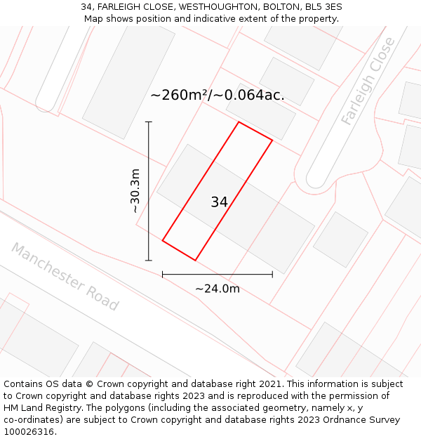 34, FARLEIGH CLOSE, WESTHOUGHTON, BOLTON, BL5 3ES: Plot and title map