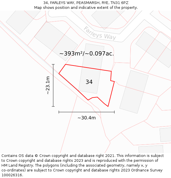 34, FARLEYS WAY, PEASMARSH, RYE, TN31 6PZ: Plot and title map