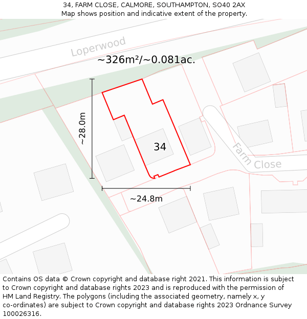 34, FARM CLOSE, CALMORE, SOUTHAMPTON, SO40 2AX: Plot and title map