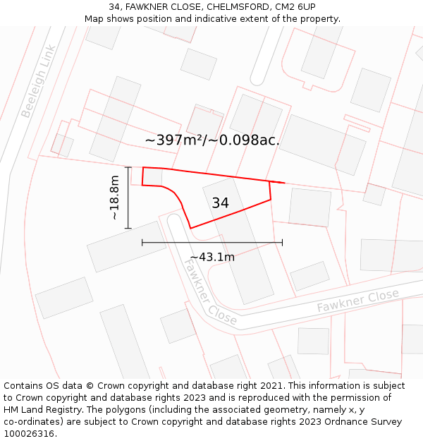 34, FAWKNER CLOSE, CHELMSFORD, CM2 6UP: Plot and title map