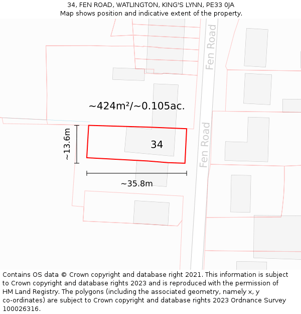 34, FEN ROAD, WATLINGTON, KING'S LYNN, PE33 0JA: Plot and title map