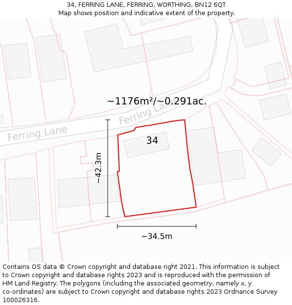 34, FERRING LANE, FERRING, WORTHING, BN12 6QT: Plot and title map