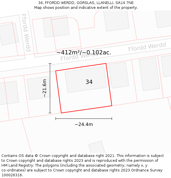 34, FFORDD WERDD, GORSLAS, LLANELLI, SA14 7NE: Plot and title map