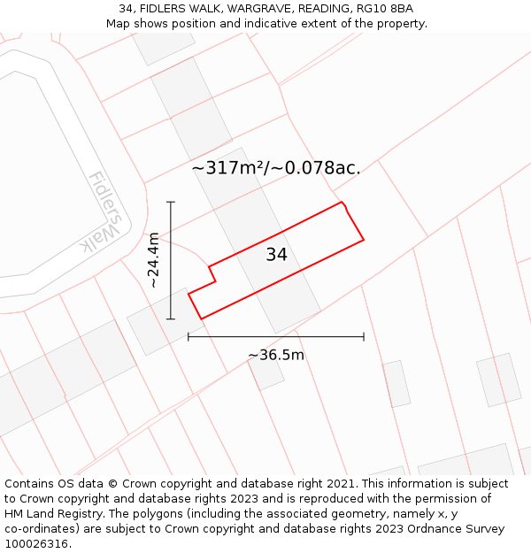 34, FIDLERS WALK, WARGRAVE, READING, RG10 8BA: Plot and title map