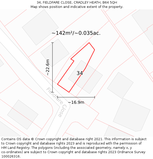 34, FIELDFARE CLOSE, CRADLEY HEATH, B64 5QH: Plot and title map