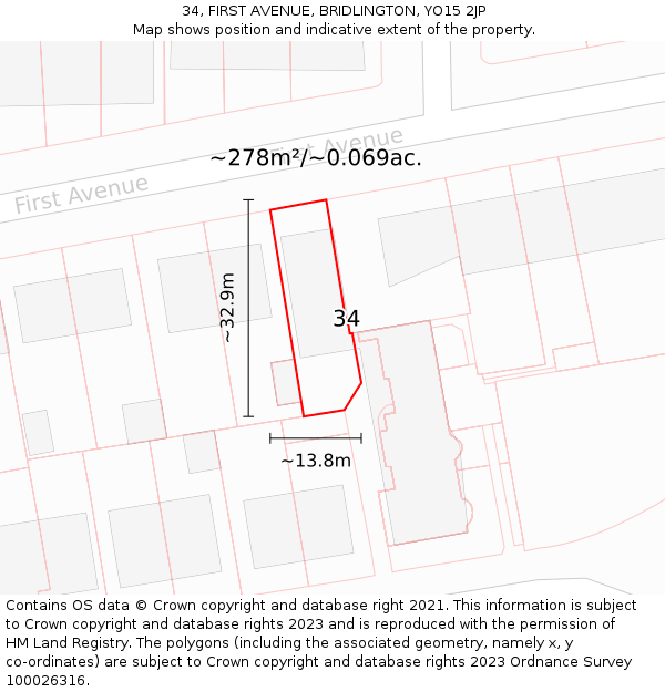 34, FIRST AVENUE, BRIDLINGTON, YO15 2JP: Plot and title map