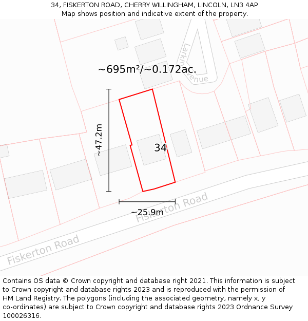 34, FISKERTON ROAD, CHERRY WILLINGHAM, LINCOLN, LN3 4AP: Plot and title map