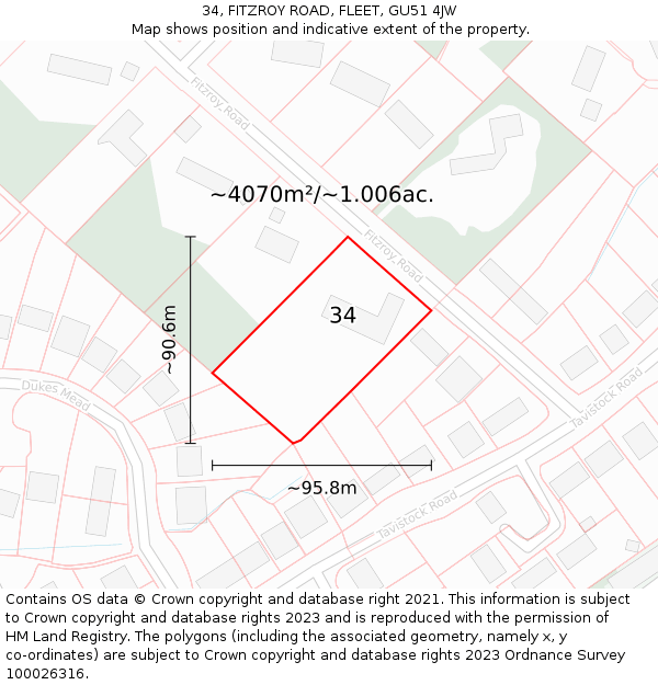 34, FITZROY ROAD, FLEET, GU51 4JW: Plot and title map