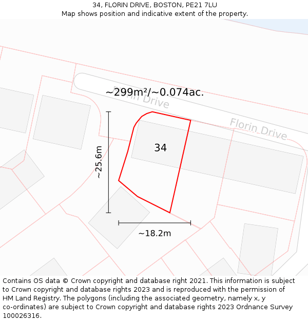 34, FLORIN DRIVE, BOSTON, PE21 7LU: Plot and title map