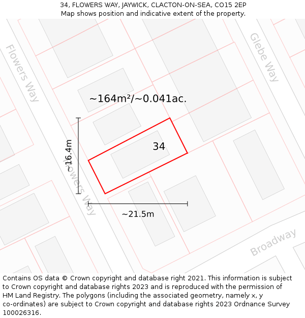 34, FLOWERS WAY, JAYWICK, CLACTON-ON-SEA, CO15 2EP: Plot and title map