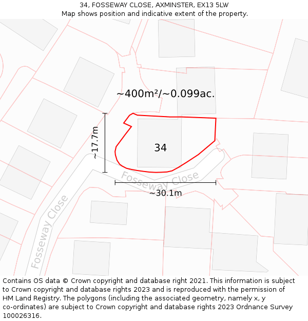 34, FOSSEWAY CLOSE, AXMINSTER, EX13 5LW: Plot and title map