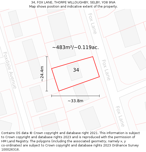 34, FOX LANE, THORPE WILLOUGHBY, SELBY, YO8 9NA: Plot and title map