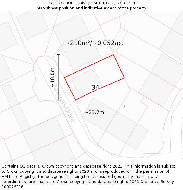 34, FOXCROFT DRIVE, CARTERTON, OX18 3HT: Plot and title map