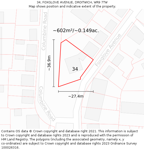 34, FOXGLOVE AVENUE, DROITWICH, WR9 7TW: Plot and title map