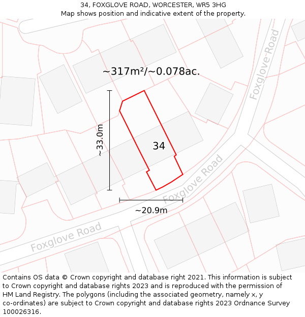 34, FOXGLOVE ROAD, WORCESTER, WR5 3HG: Plot and title map