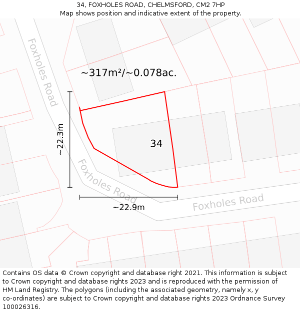 34, FOXHOLES ROAD, CHELMSFORD, CM2 7HP: Plot and title map