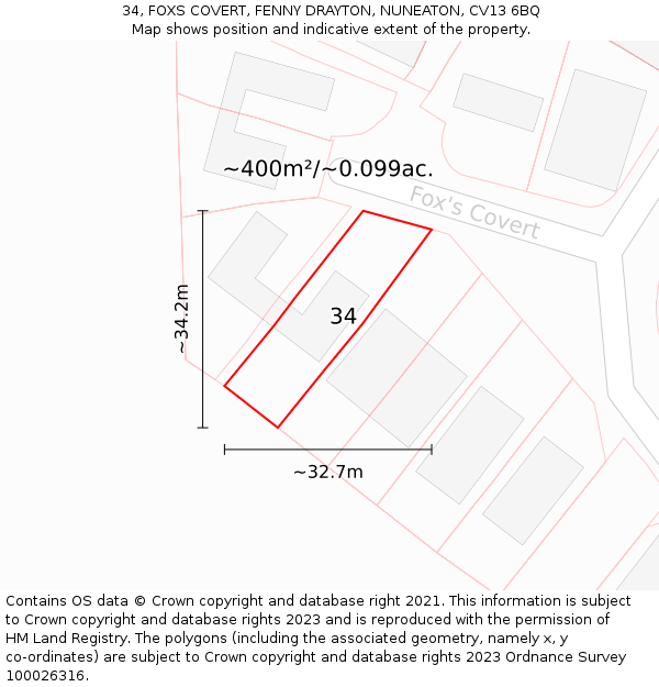 34, FOXS COVERT, FENNY DRAYTON, NUNEATON, CV13 6BQ: Plot and title map