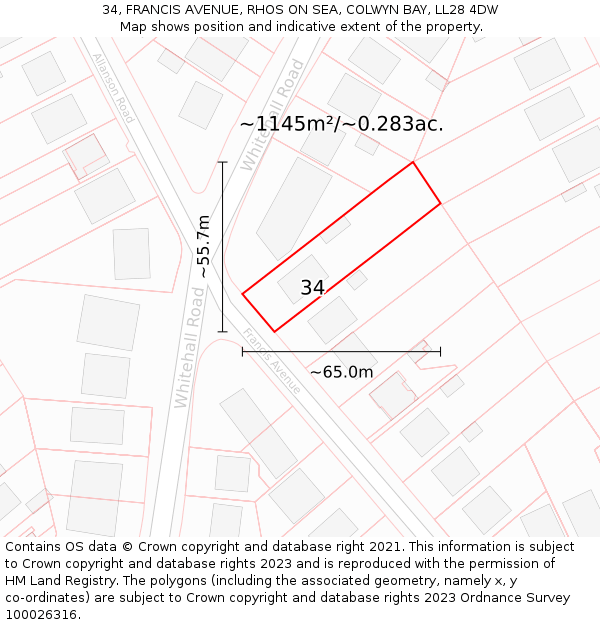 34, FRANCIS AVENUE, RHOS ON SEA, COLWYN BAY, LL28 4DW: Plot and title map