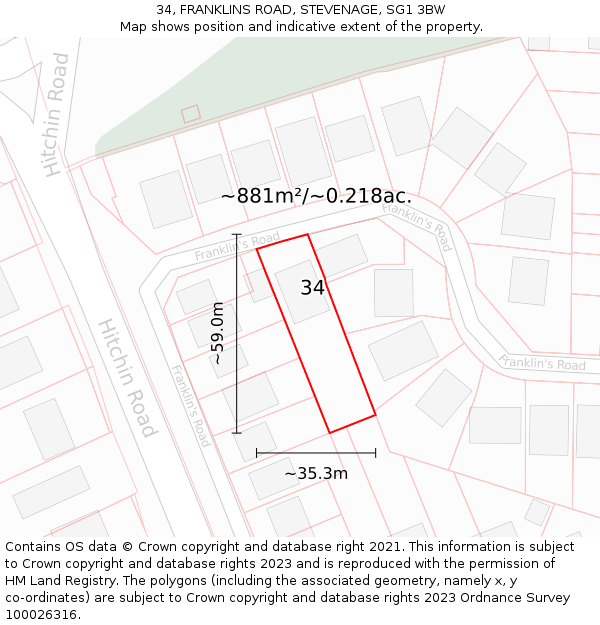 34, FRANKLINS ROAD, STEVENAGE, SG1 3BW: Plot and title map