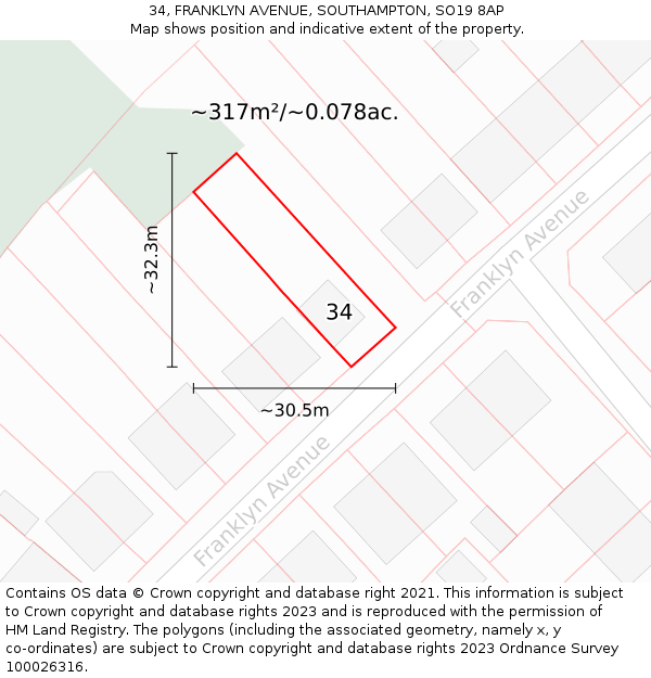 34, FRANKLYN AVENUE, SOUTHAMPTON, SO19 8AP: Plot and title map