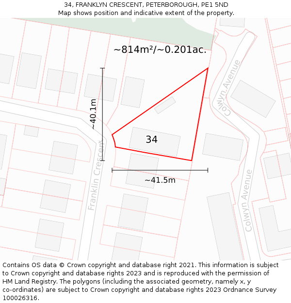 34, FRANKLYN CRESCENT, PETERBOROUGH, PE1 5ND: Plot and title map